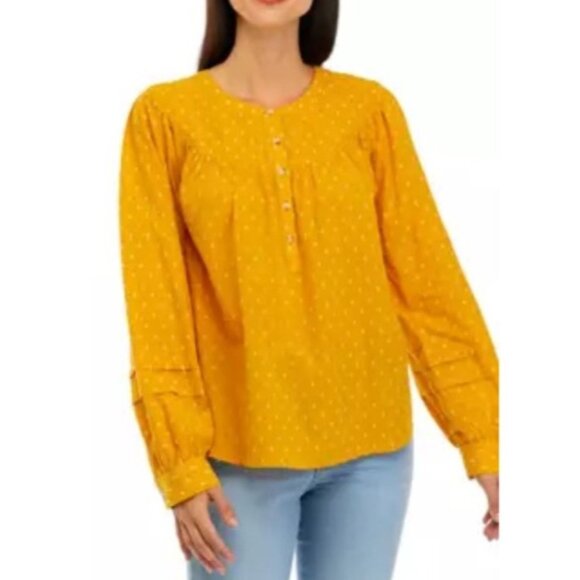 Wonderly Long Sleeve Shirt Yellow Gold Puff Sleeve BOHO Embroidered Medium NWT - Picture 2 of 8